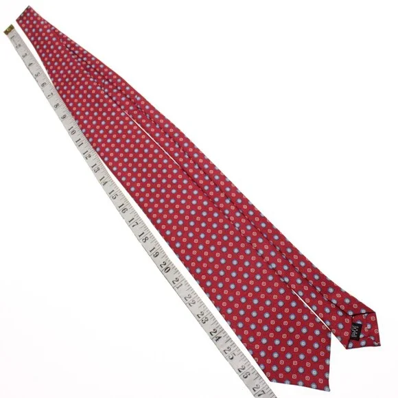 Drake's NWT Neck Tie in Red with Light Blue & White Geometric Pattern 100% Silk